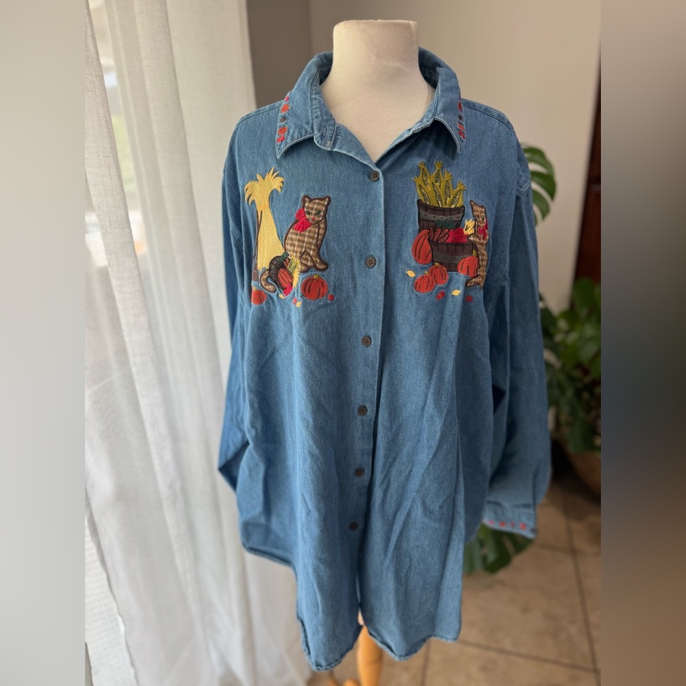 Karen Scott II Denim Shirt 3X Embroidered Cats Pumpkins Fall Harvest Button Down